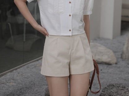 Short-Sleeve Square Neck Plain Button Up Blouse