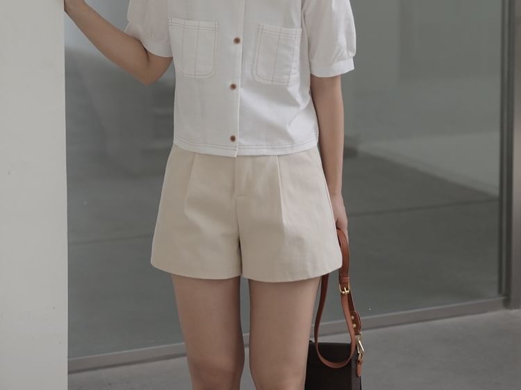 Short-Sleeve Square Neck Plain Button Up Blouse