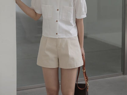Short-Sleeve Square Neck Plain Button Up Blouse