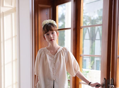 Elbow-Sleeve Notch Neck Plain Button Blouse