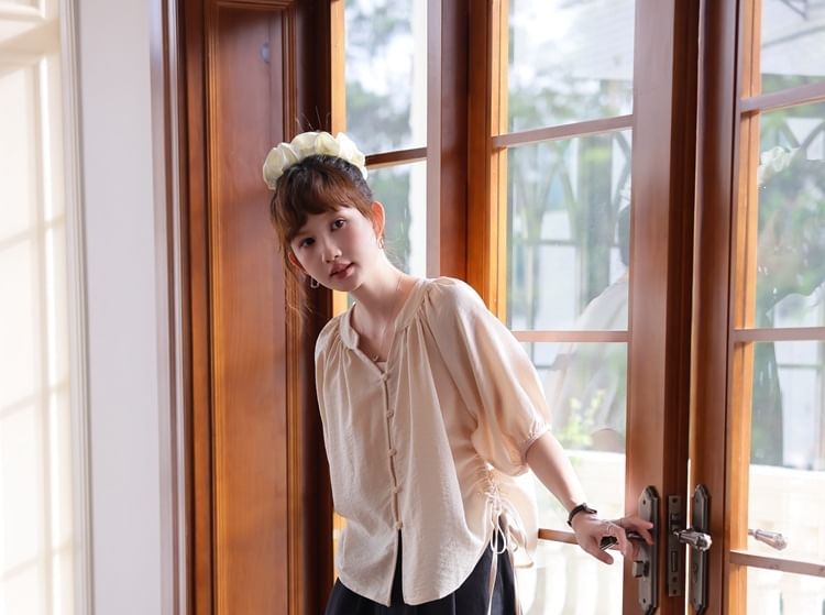 Elbow-Sleeve Notch Neck Plain Button Blouse