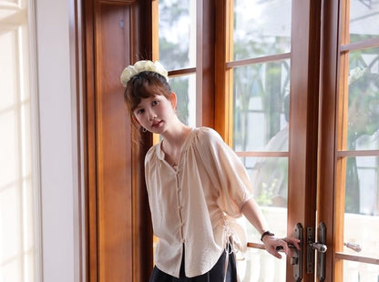 Elbow-Sleeve Notch Neck Plain Button Blouse