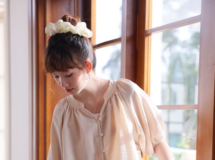 Elbow-Sleeve Notch Neck Plain Button Blouse