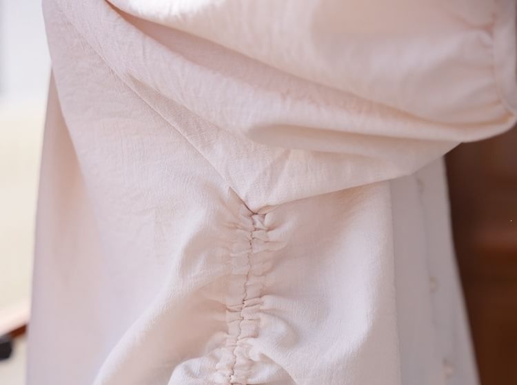 Elbow-Sleeve Notch Neck Plain Button Blouse