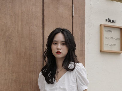 Short-Sleeve V-Neck Plain Ruched Blouse