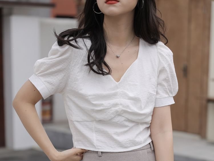 Short-Sleeve V-Neck Plain Ruched Blouse