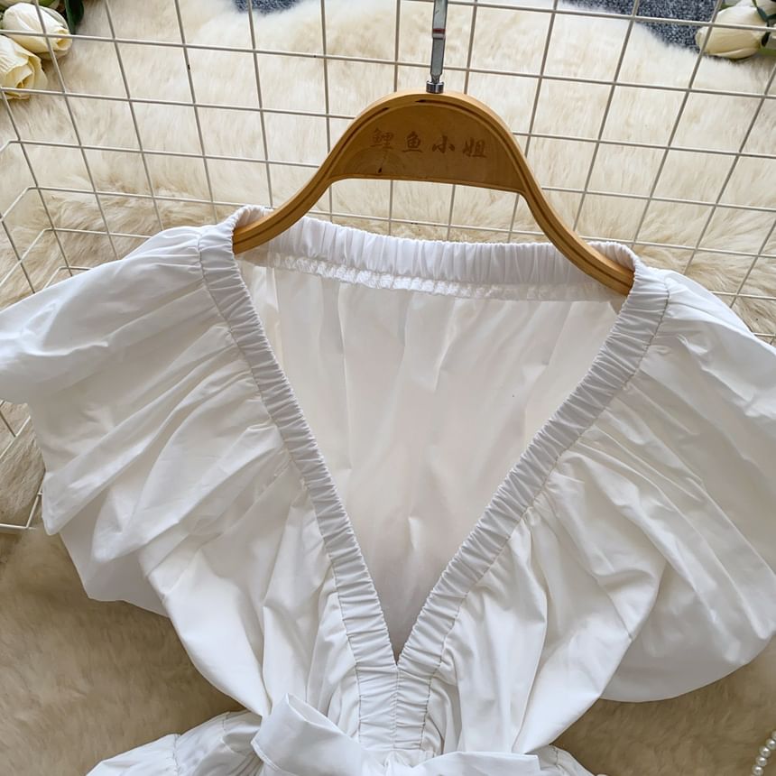 Cap-Sleeve V-Neck Plain Ruched Tie Waist Crop Blouse