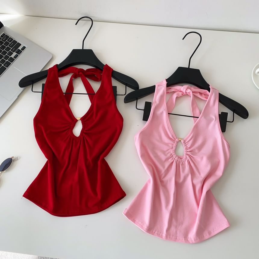 Halter V-Neck Plain Cutout Open Back Crop Top