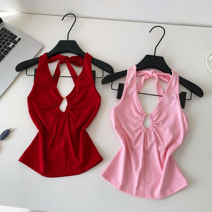 Halter V-Neck Plain Cutout Open Back Crop Top