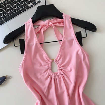 Halter V-Neck Plain Cutout Open Back Crop Top
