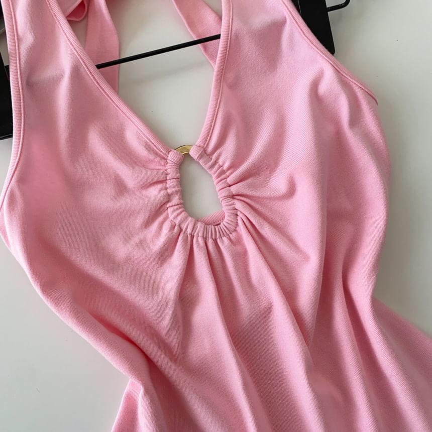 Halter V-Neck Plain Cutout Open Back Crop Top