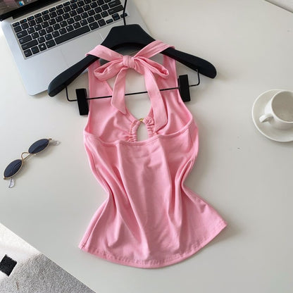Halter V-Neck Plain Cutout Open Back Crop Top
