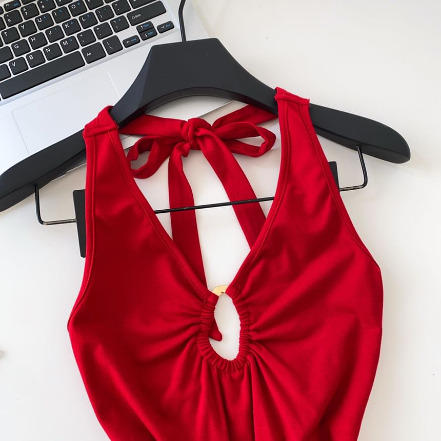 Halter V-Neck Plain Cutout Open Back Crop Top