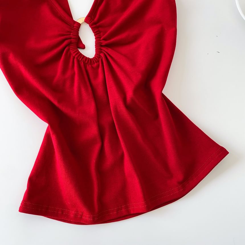 Halter V-Neck Plain Cutout Open Back Crop Top