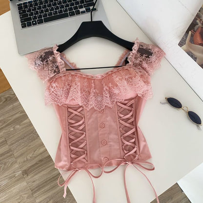 Square Neck Lace Panel Padded Lace-Up Crop Tank Top