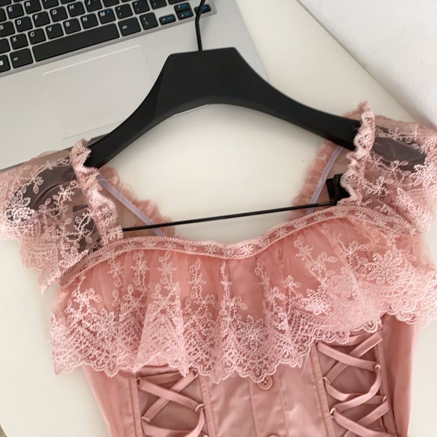 Square Neck Lace Panel Padded Lace-Up Crop Tank Top