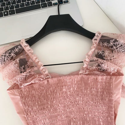 Square Neck Lace Panel Padded Lace-Up Crop Tank Top