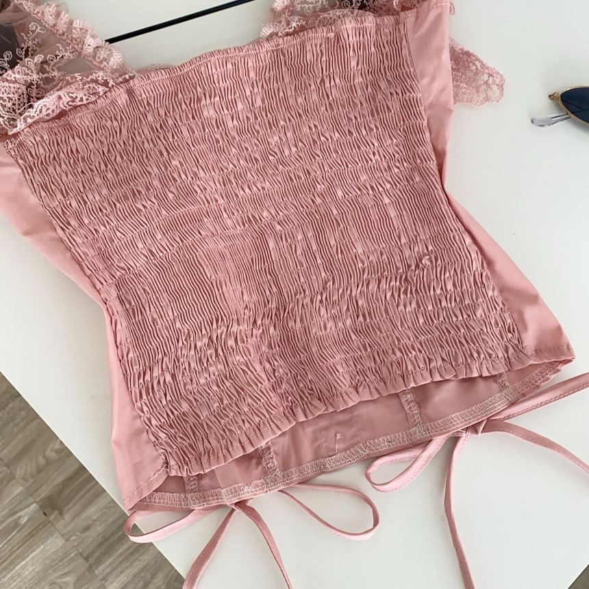Square Neck Lace Panel Padded Lace-Up Crop Tank Top