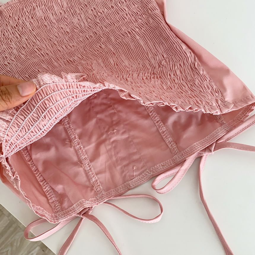 Square Neck Lace Panel Padded Lace-Up Crop Tank Top