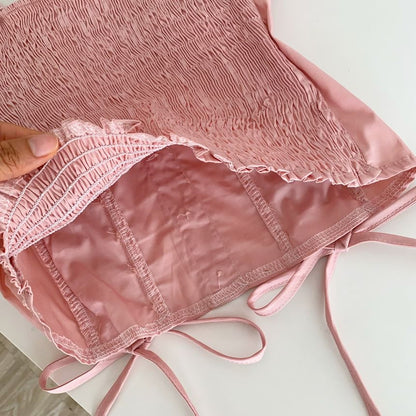 Square Neck Lace Panel Padded Lace-Up Crop Tank Top