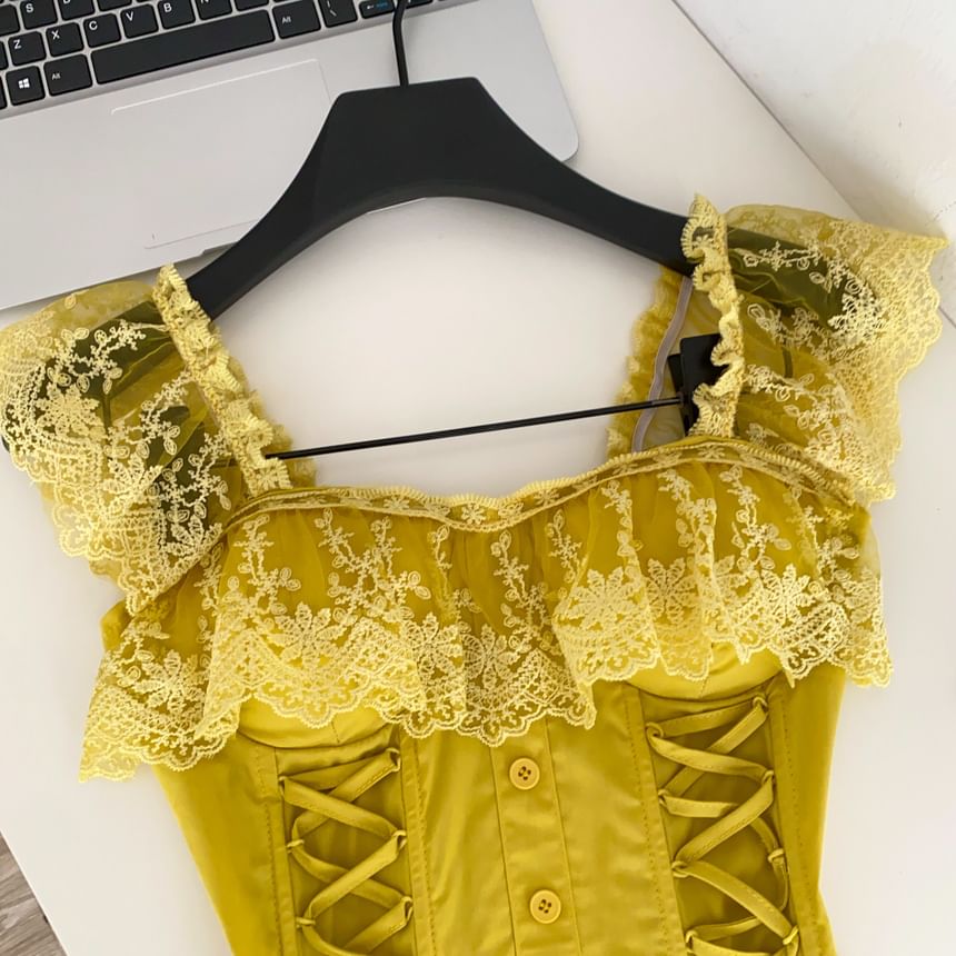 Square Neck Lace Panel Padded Lace-Up Crop Tank Top