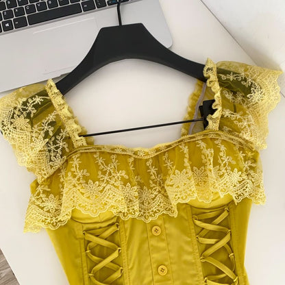 Square Neck Lace Panel Padded Lace-Up Crop Tank Top
