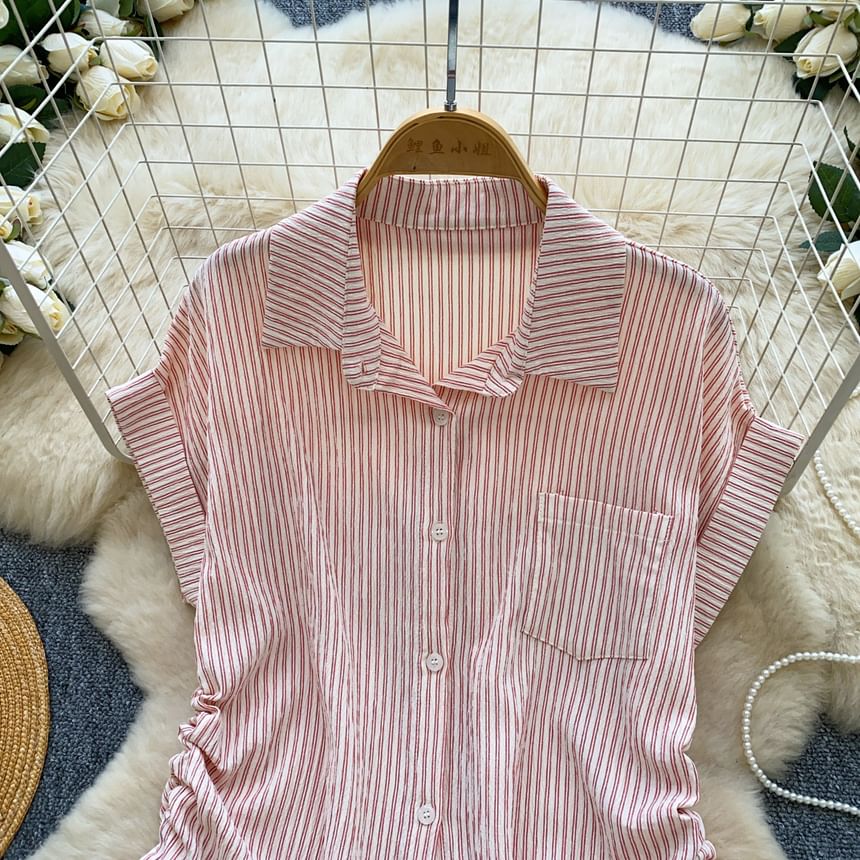 Short-Sleeve Collared Striped Drawstring Button-Up Blouse