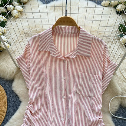 Short-Sleeve Collared Striped Drawstring Button-Up Blouse