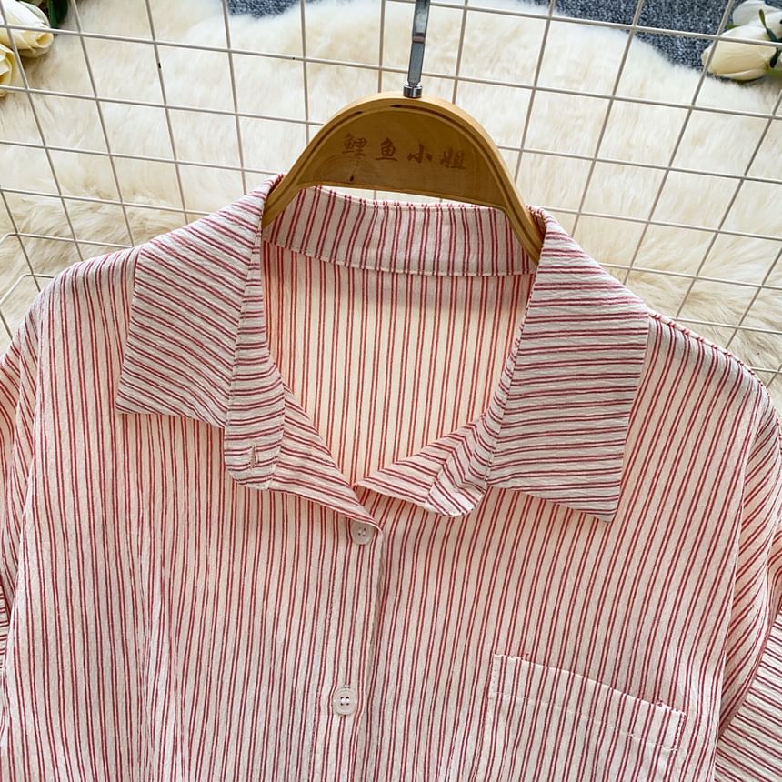 Short-Sleeve Collared Striped Drawstring Button-Up Blouse