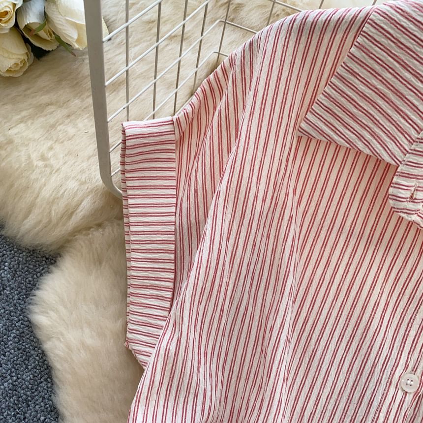 Short-Sleeve Collared Striped Drawstring Button-Up Blouse