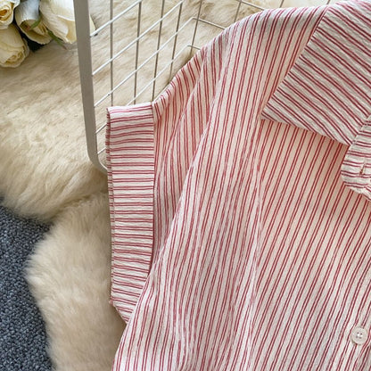 Short-Sleeve Collared Striped Drawstring Button-Up Blouse