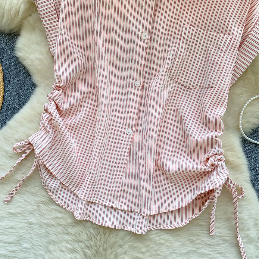Short-Sleeve Collared Striped Drawstring Button-Up Blouse