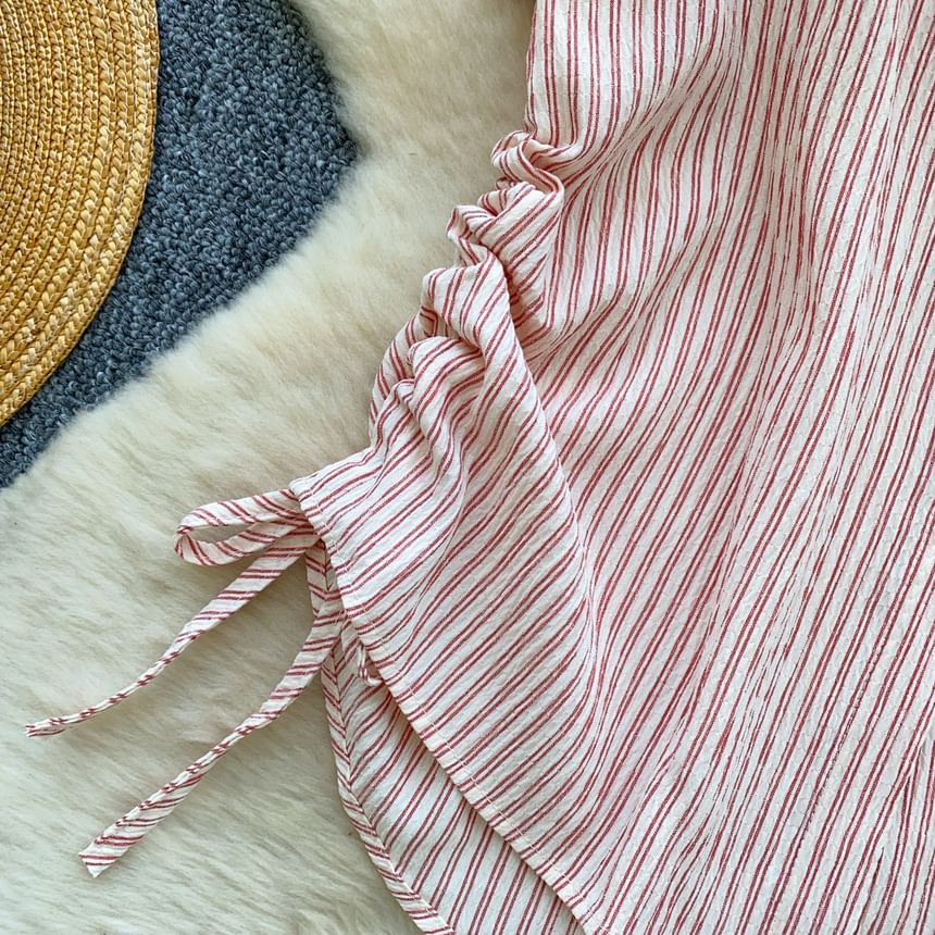 Short-Sleeve Collared Striped Drawstring Button-Up Blouse