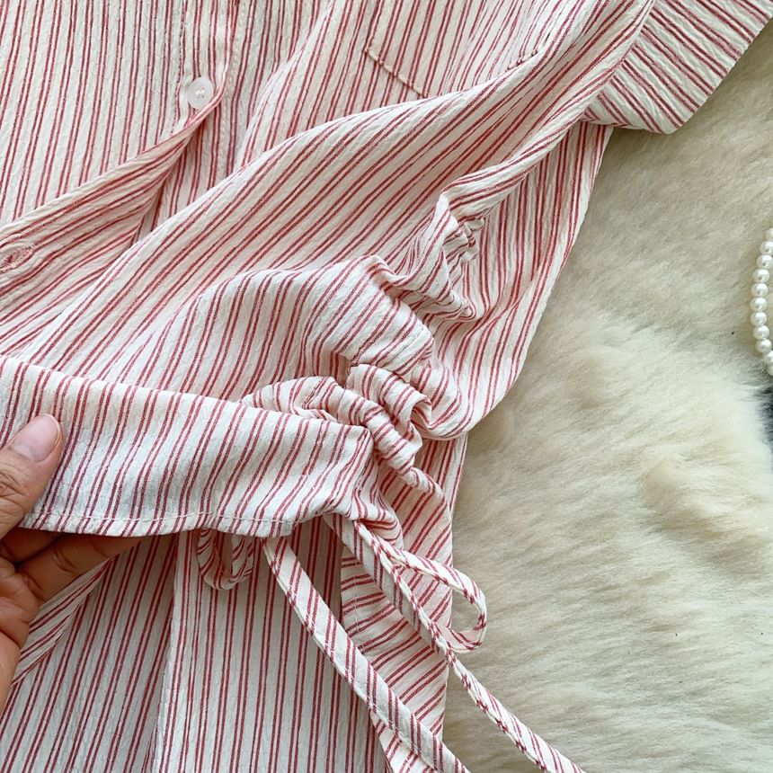 Short-Sleeve Collared Striped Drawstring Button-Up Blouse