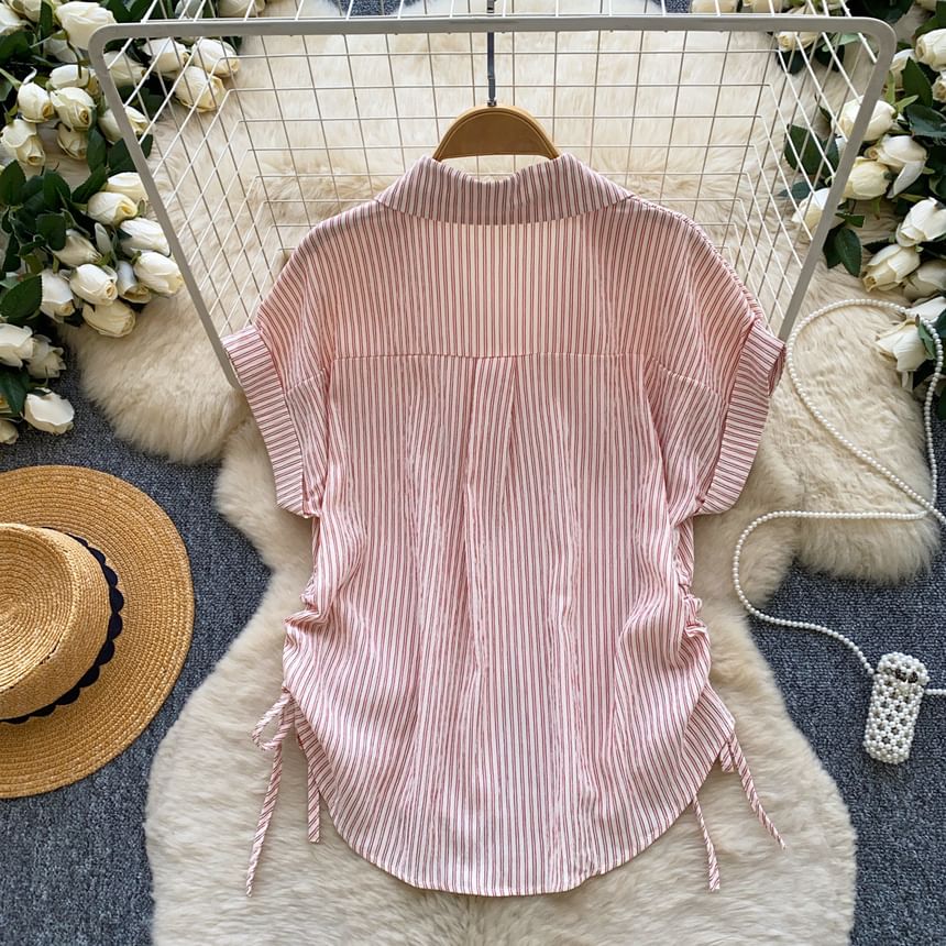 Short-Sleeve Collared Striped Drawstring Button-Up Blouse