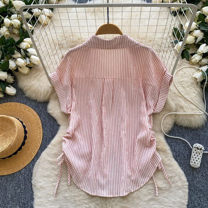 Short-Sleeve Collared Striped Drawstring Button-Up Blouse