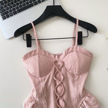 Lace Panel Ruffle Hem Lace-Up Crop Camisole Top