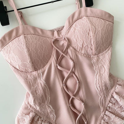 Lace Panel Ruffle Hem Lace-Up Crop Camisole Top