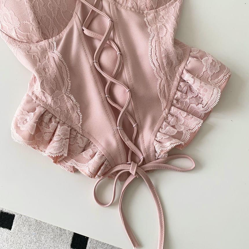 Lace Panel Ruffle Hem Lace-Up Crop Camisole Top