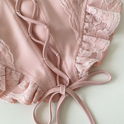 Lace Panel Ruffle Hem Lace-Up Crop Camisole Top