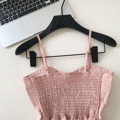 Lace Panel Ruffle Hem Lace-Up Crop Camisole Top