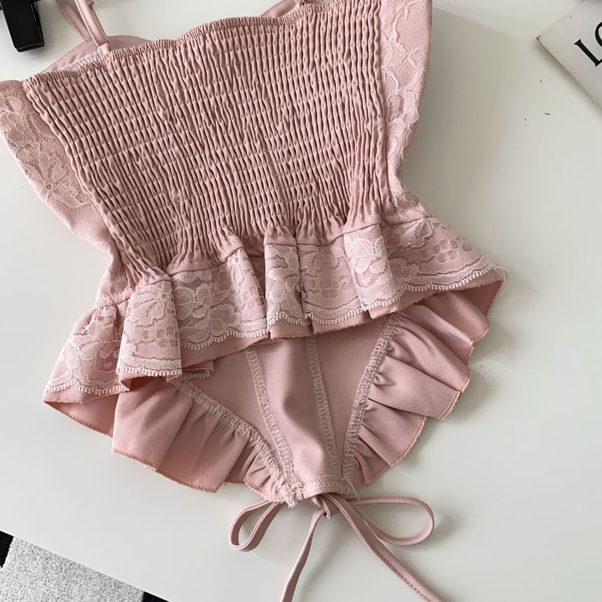 Lace Panel Ruffle Hem Lace-Up Crop Camisole Top
