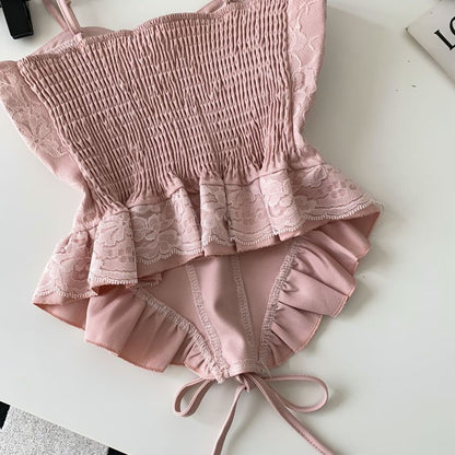 Lace Panel Ruffle Hem Lace-Up Crop Camisole Top