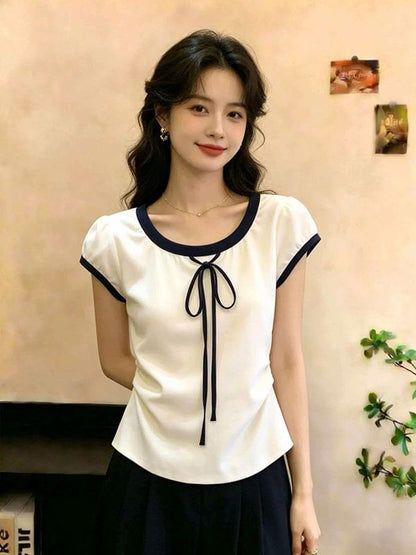 Short-Sleeve Round Neck Plain Bow T-Shirt