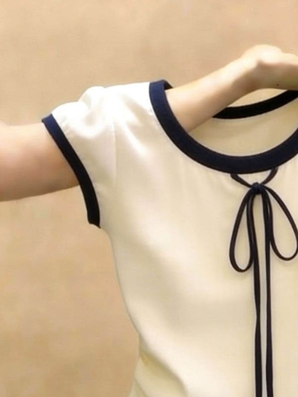 Short-Sleeve Round Neck Plain Bow T-Shirt