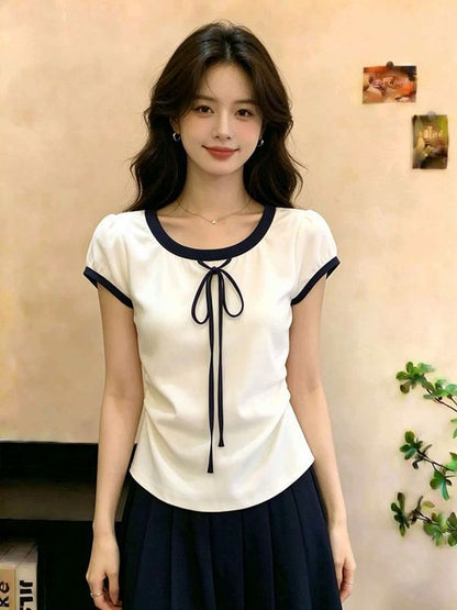 Short-Sleeve Round Neck Plain Bow T-Shirt