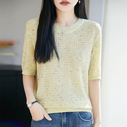 Melange Sequin Knit Top with Crew Neck and Elbow Sleeves