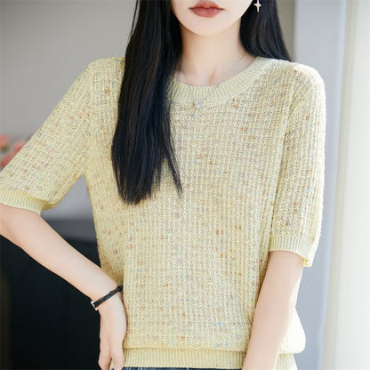 Melange Sequin Knit Top with Crew Neck and Elbow Sleeves