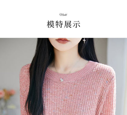 Melange Sequin Knit Top with Crew Neck and Elbow Sleeves