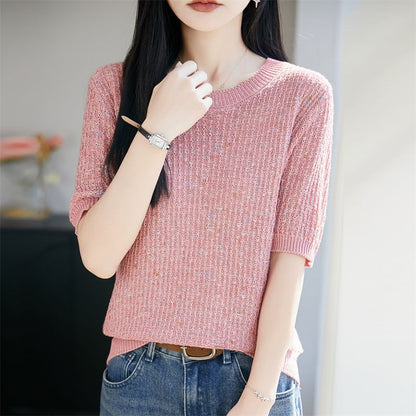 Melange Sequin Knit Top with Crew Neck and Elbow Sleeves